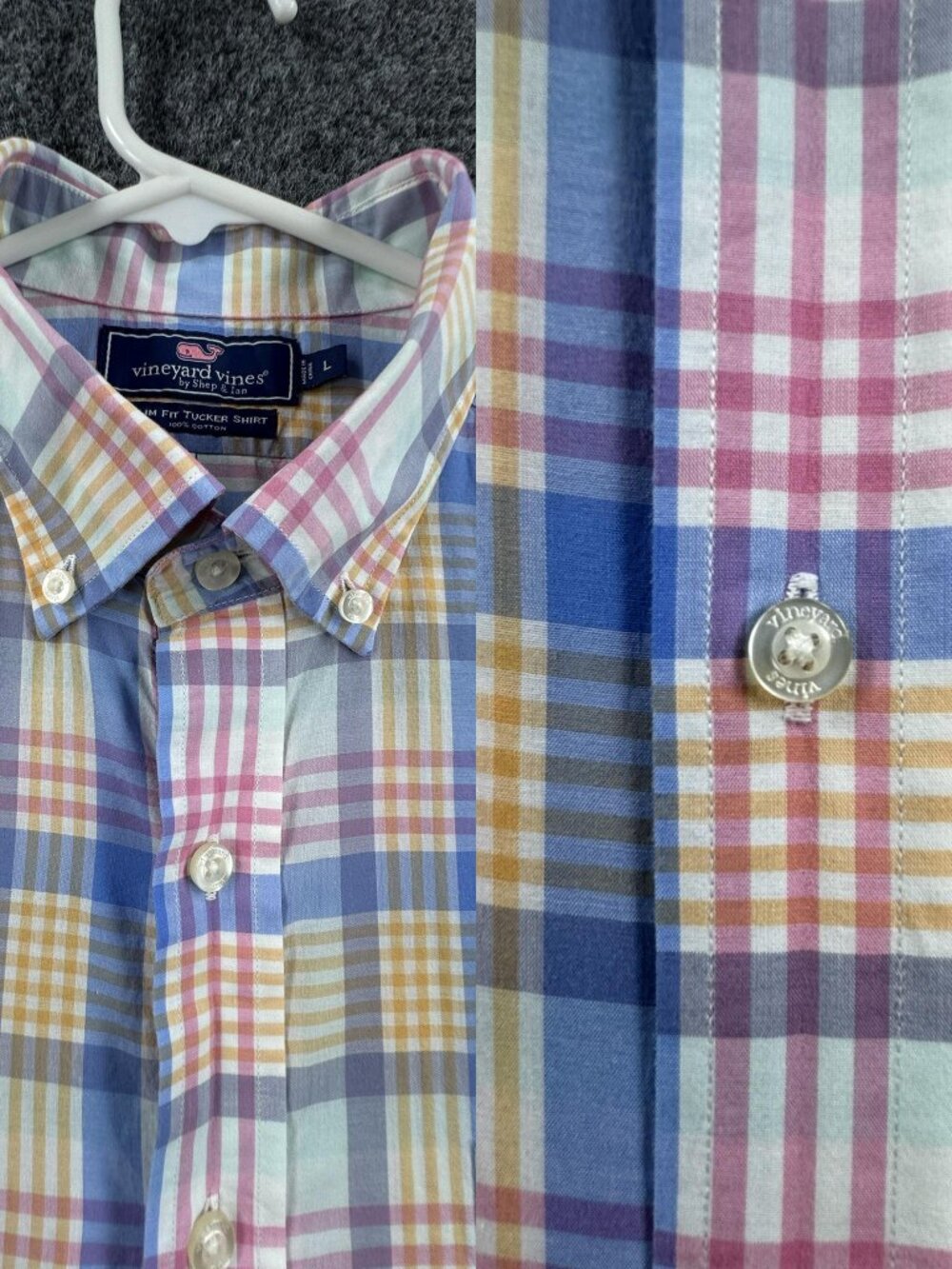 Vineyard Vines Madras Mens Large Blue Pink Button-Down Logo Slim Fit Tucker